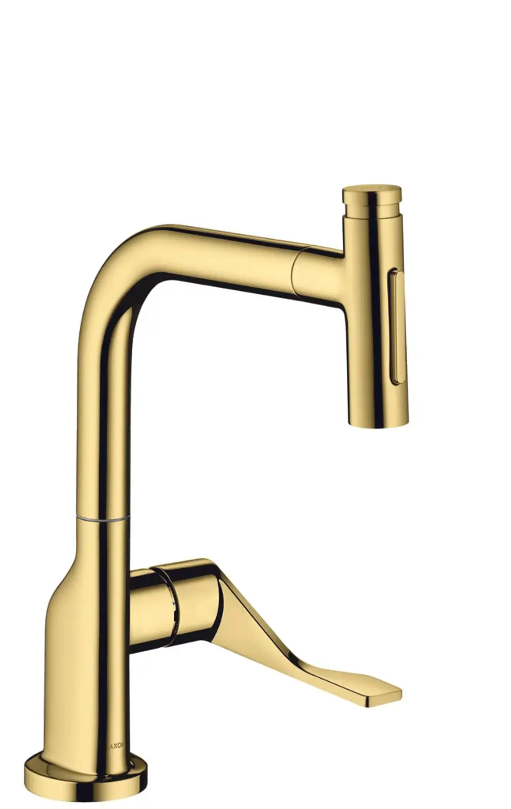 Küchenmischer in Polished Gold Optic von AXOR mit einem ausziehbaren Brausekopf und einem Bedienhebel, geeignet zur Integration in moderne Küchen.